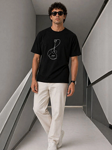 Erkek Minimal Gitar Baskılı Tişört T-shirt Yazlık Kısa Kol Bisiklet Yaka T-shirt - Siyah