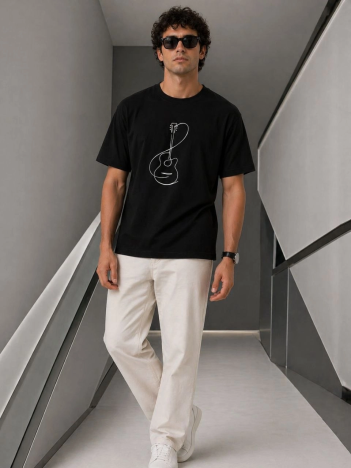 Erkek Minimal Gitar Baskılı Tişört T-shirt Yazlık Kısa Kol Bisiklet Yaka T-shirt - Siyah