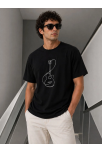 Erkek Minimal Gitar Baskılı Tişört T-shirt Yazlık Kısa Kol Bisiklet Yaka T-shirt - Siyah
