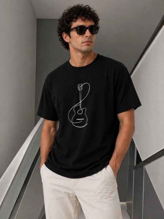 Erkek Minimal Gitar Baskılı Tişört T-shirt Yazlık Kısa Kol Bisiklet Yaka T-shirt - Siyah