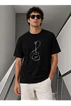 Erkek Minimal Gitar Baskılı Tişört T-shirt Yazlık Kısa Kol Bisiklet Yaka T-shirt - Siyah
