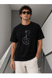 Erkek Minimal Gitar Baskılı Tişört T-shirt Yazlık Kısa Kol Bisiklet Yaka T-shirt - Siyah