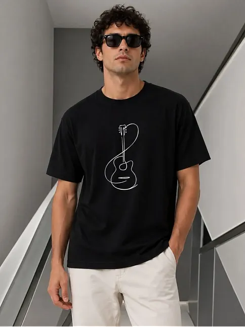 Erkek Minimal Gitar Baskılı Tişört T-shirt Yazlık Kısa Kol Bisiklet Yaka T-shirt - Siyah