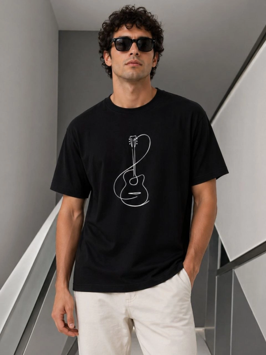Erkek Minimal Gitar Baskılı Tişört T-shirt Yazlık Kısa Kol Bisiklet Yaka T-shirt - Siyah