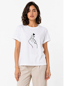 Kadın Kore Parmak Kalp Aşk Temalı Minimal Baskılı Tişört Yazlık Kısa Kol T-shirt  - Beyaz