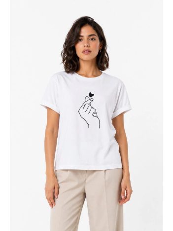 Kadın Kore Parmak Kalp Aşk Temalı Minimal Baskılı Tişört Yazlık Kısa Kol T-shirt  - Beyaz