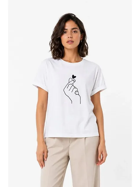 Kadın Kore Parmak Kalp Aşk Temalı Minimal Baskılı Tişört Yazlık Kısa Kol T-shirt - Beyaz Kadın Kore Parmak Kalp Aşk Temalı Minimal Baskılı Tişört Yazlık Kısa Kol T-shirt - Beyaz