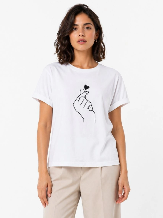 Kadın Kore Parmak Kalp Aşk Temalı Minimal Baskılı Tişört Yazlık Kısa Kol T-shirt  - Beyaz