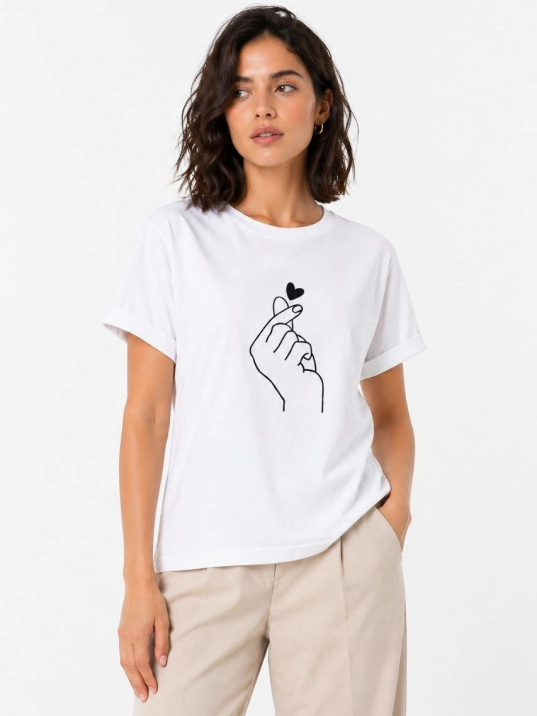 Kadın Kore Parmak Kalp Aşk Temalı Minimal Baskılı Tişört Yazlık Kısa Kol T-shirt  - Beyaz