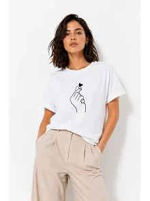 Kadın Kore Parmak Kalp Aşk Temalı Minimal Baskılı Tişört Yazlık Kısa Kol T-shirt  - Beyaz
