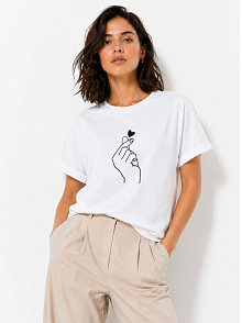 Kadın Kore Parmak Kalp Aşk Temalı Minimal Baskılı Tişört Yazlık Kısa Kol T-shirt  - Beyaz