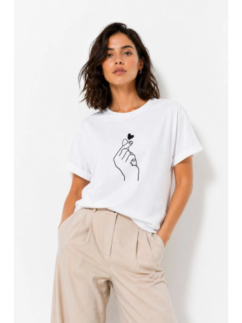 Kadın Kore Parmak Kalp Aşk Temalı Minimal Baskılı Tişört Yazlık Kısa Kol T-shirt  - Beyaz