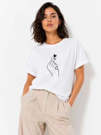 Kadın Kore Parmak Kalp Aşk Temalı Minimal Baskılı Tişört Yazlık Kısa Kol T-shirt  - Beyaz