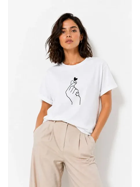 Kadın Kore Parmak Kalp Aşk Temalı Minimal Baskılı Tişört Yazlık Kısa Kol T-shirt - Beyaz Kadın Kore Parmak Kalp Aşk Temalı Minimal Baskılı Tişört Yazlık Kısa Kol T-shirt - Beyaz