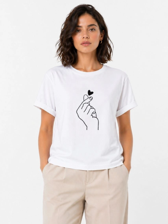 Kadın Kore Parmak Kalp Aşk Temalı Minimal Baskılı Tişört Yazlık Kısa Kol T-shirt  - Beyaz