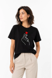 Kadın Kore Parmak Kalp Aşk Temalı Minimal Baskılı Tişört Yazlık Kısa Kol T-shirt - Siyah