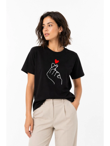 Kadın Kore Parmak Kalp Aşk Temalı Minimal Baskılı Tişört Yazlık Kısa Kol T-shirt - Siyah