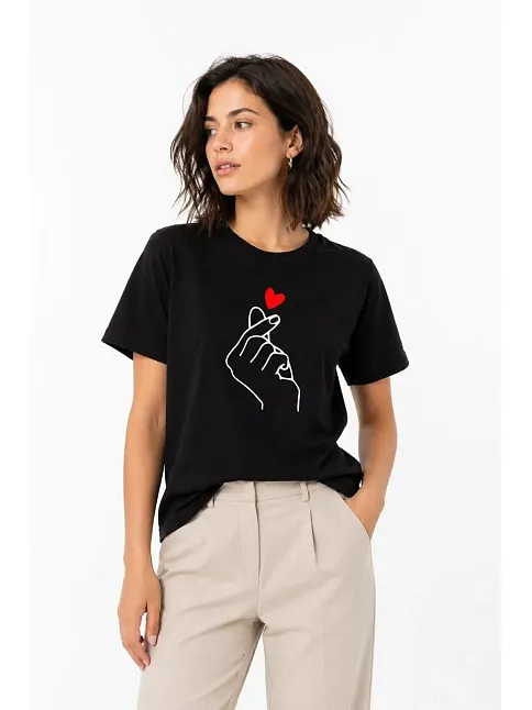 Kadın Kore Parmak Kalp Aşk Temalı Minimal Baskılı Tişört Yazlık Kısa Kol T-shirt - Siyah