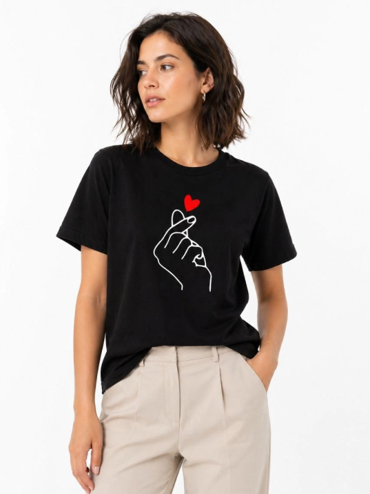 Kadın Kore Parmak Kalp Aşk Temalı Minimal Baskılı Tişört Yazlık Kısa Kol T-shirt - Siyah