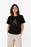 Kadın Kore Parmak Kalp Aşk Temalı Minimal Baskılı Tişört Yazlık Kısa Kol T-shirt - Siyah