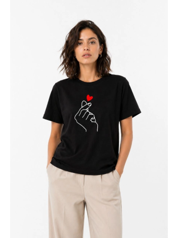 Kadın Kore Parmak Kalp Aşk Temalı Minimal Baskılı Tişört Yazlık Kısa Kol T-shirt - Siyah
