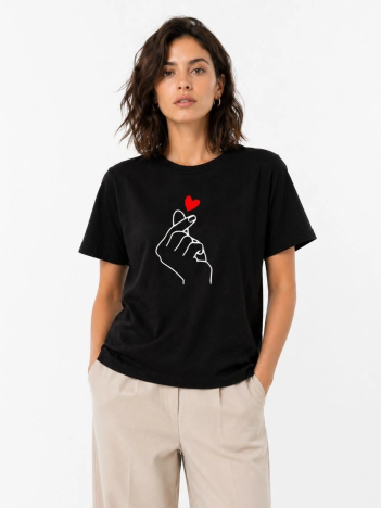 Kadın Kore Parmak Kalp Aşk Temalı Minimal Baskılı Tişört Yazlık Kısa Kol T-shirt - Siyah
