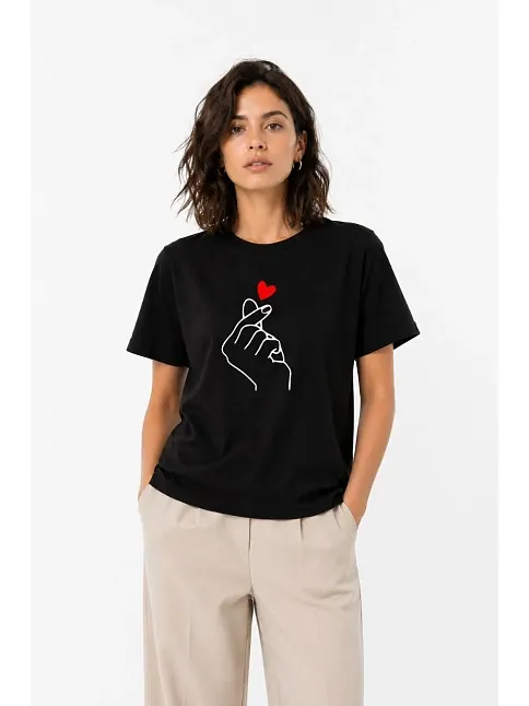 Kadın Kore Parmak Kalp Aşk Temalı Minimal Baskılı Tişört Yazlık Kısa Kol T-shirt - Siyah