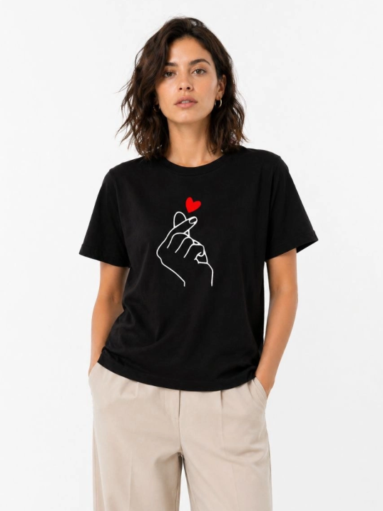 Kadın Kore Parmak Kalp Aşk Temalı Minimal Baskılı Tişört Yazlık Kısa Kol T-shirt - Siyah
