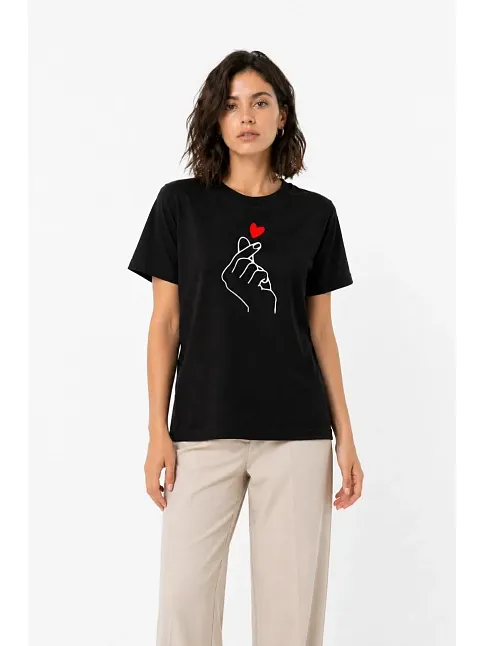 Kadın Kore Parmak Kalp Aşk Temalı Minimal Baskılı Tişört Yazlık Kısa Kol T-shirt - Siyah
