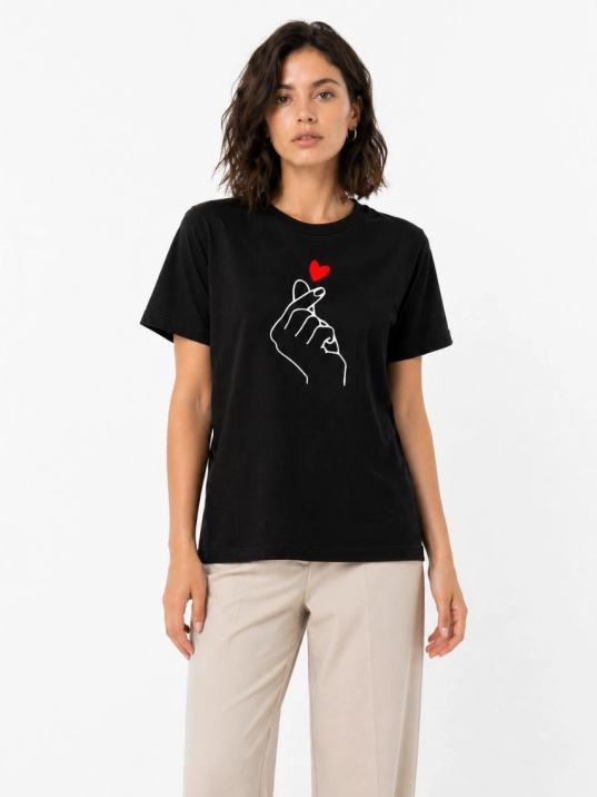 Kadın Kore Parmak Kalp Aşk Temalı Minimal Baskılı Tişört Yazlık Kısa Kol T-shirt - Siyah