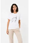 Kadın Köpek Figürlü Minimal Baskılı Tişört Kısa Kol Yazlık T-shirt - Beyaz