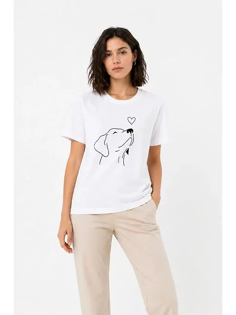 Kadın Köpek Figürlü Minimal Baskılı Tişört Kısa Kol Yazlık T-shirt - Beyaz
