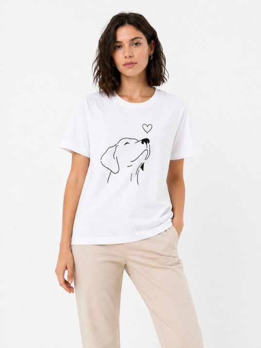 Kadın Köpek Figürlü Minimal Baskılı Tişört Kısa Kol Yazlık T-shirt - Beyaz