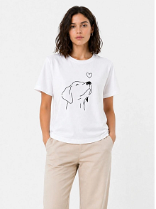 Kadın Köpek Figürlü Minimal Baskılı Tişört Kısa Kol Yazlık T-shirt - Beyaz