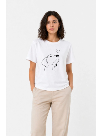 Kadın Köpek Figürlü Minimal Baskılı Tişört Kısa Kol Yazlık T-shirt - Beyaz