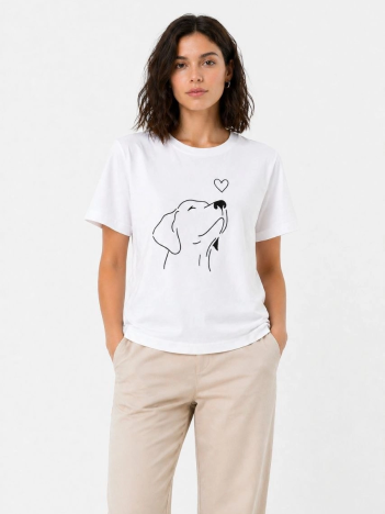 Kadın Köpek Figürlü Minimal Baskılı Tişört Kısa Kol Yazlık T-shirt - Beyaz
