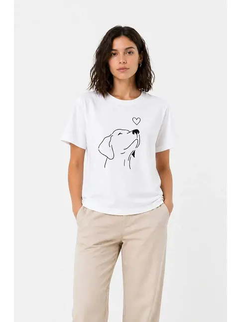 Kadın Köpek Figürlü Minimal Baskılı Tişört Kısa Kol Yazlık T-shirt - Beyaz