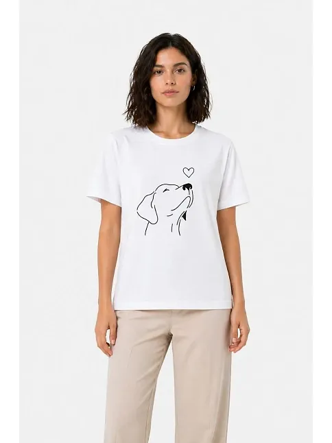 Kadın Köpek Figürlü Minimal Baskılı Tişört Kısa Kol Yazlık T-shirt - Beyaz