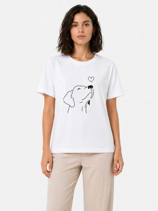Kadın Köpek Figürlü Minimal Baskılı Tişört Kısa Kol Yazlık T-shirt - Beyaz