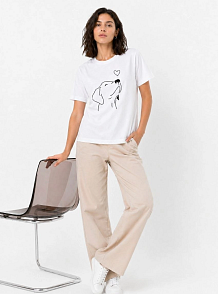 Kadın Köpek Figürlü Minimal Baskılı Tişört Kısa Kol Yazlık T-shirt - Beyaz