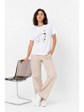 Kadın Köpek Figürlü Minimal Baskılı Tişört Kısa Kol Yazlık T-shirt - Beyaz