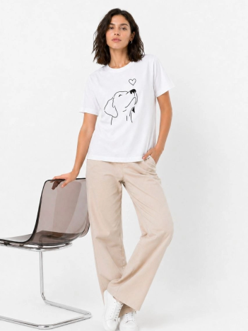 Kadın Köpek Figürlü Minimal Baskılı Tişört Kısa Kol Yazlık T-shirt - Beyaz