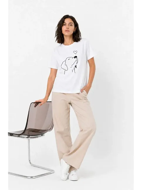 Kadın Köpek Figürlü Minimal Baskılı Tişört Kısa Kol Yazlık T-shirt - Beyaz