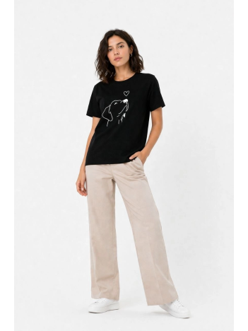 Kadın Köpek Figürlü Minimal Baskılı Tişört Kısa Kol Yazlık T-shirt - Siyah
