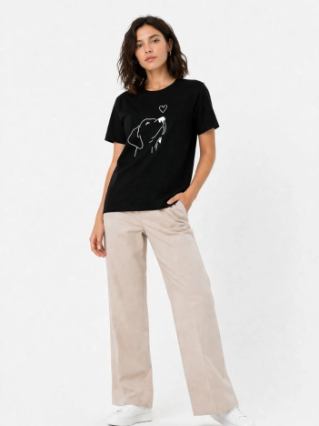 Kadın Köpek Figürlü Minimal Baskılı Tişört Kısa Kol Yazlık T-shirt - Siyah