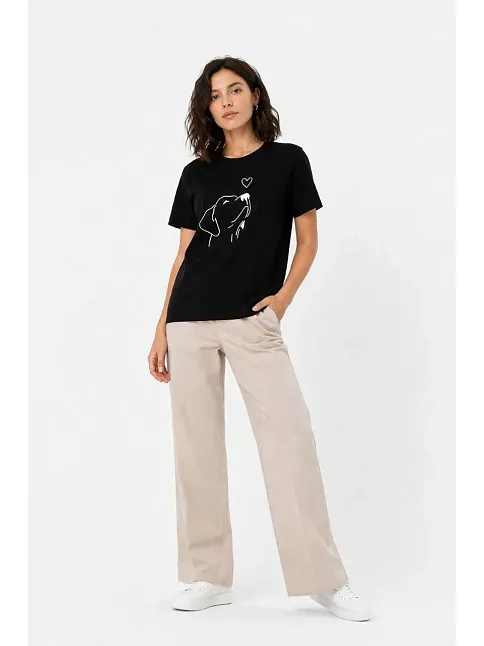 Kadın Köpek Figürlü Minimal Baskılı Tişört Kısa Kol Yazlık T-shirt - Siyah Kadın Köpek Figürlü Minimal Baskılı Tişört Kısa Kol Yazlık T-shirt - Siyah