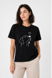 Kadın Köpek Figürlü Minimal Baskılı Tişört Kısa Kol Yazlık T-shirt - Siyah