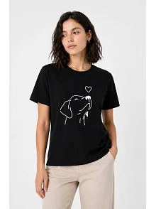 Kadın Köpek Figürlü Minimal Baskılı Tişört Kısa Kol Yazlık T-shirt - Siyah