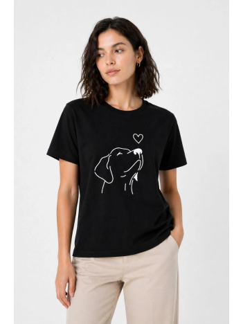 Kadın Köpek Figürlü Minimal Baskılı Tişört Kısa Kol Yazlık T-shirt - Siyah