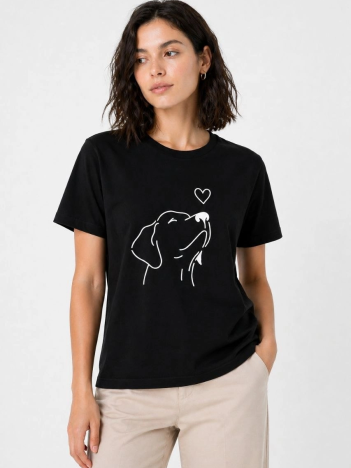 Kadın Köpek Figürlü Minimal Baskılı Tişört Kısa Kol Yazlık T-shirt - Siyah